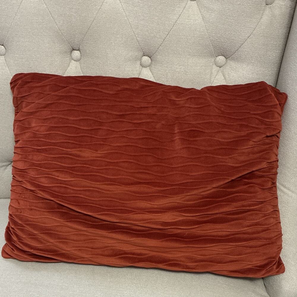 Rust Velvet Textured Lumbar Pillow Rectangular Ruched Wave Decorative Modern